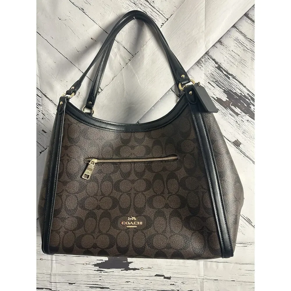 Coach Kristy Shoulder Bag Signature Canvas Brown Canvas Black Leather Trim